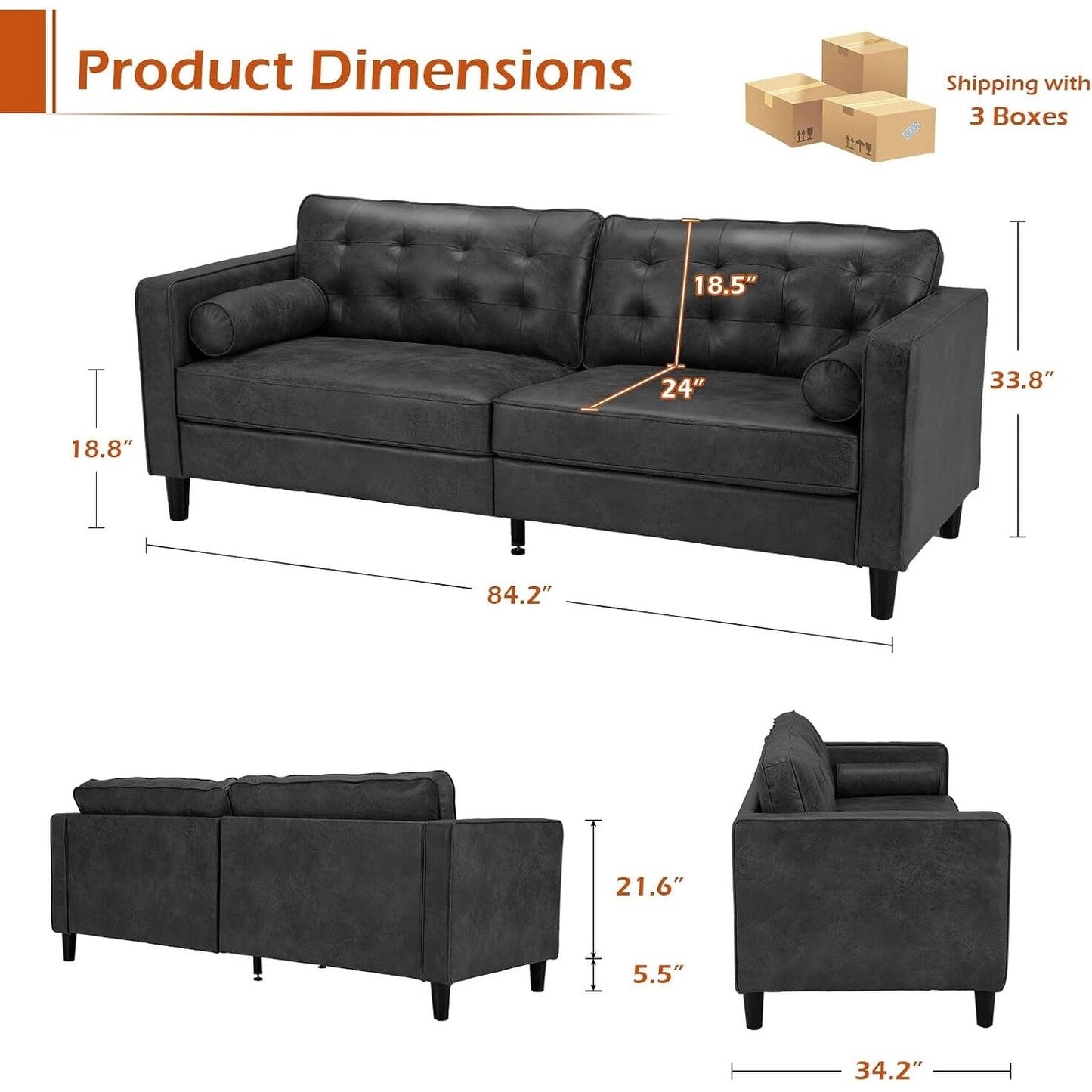 Canapé moderne du milieu du siècle AECOJOY 84.2 avec 2 coussins traversins