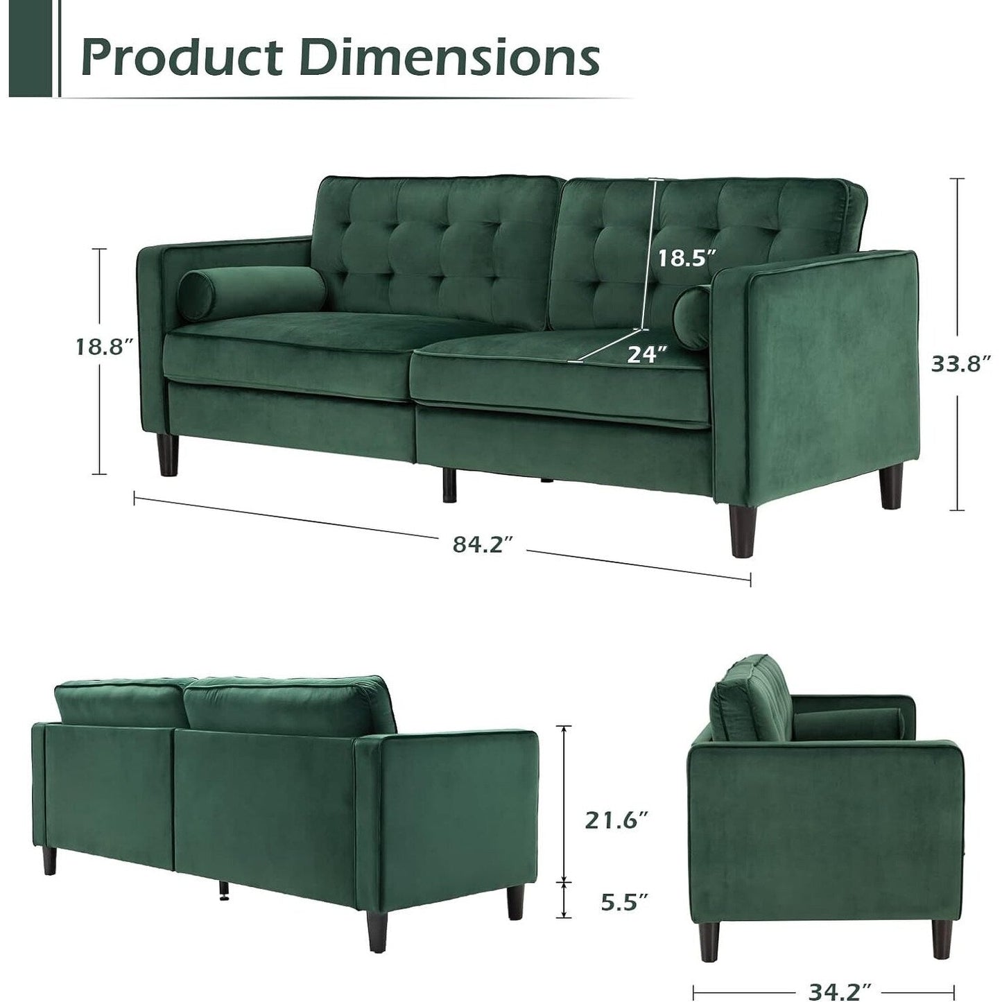 Canapé moderne du milieu du siècle AECOJOY 84.2 avec 2 coussins traversins