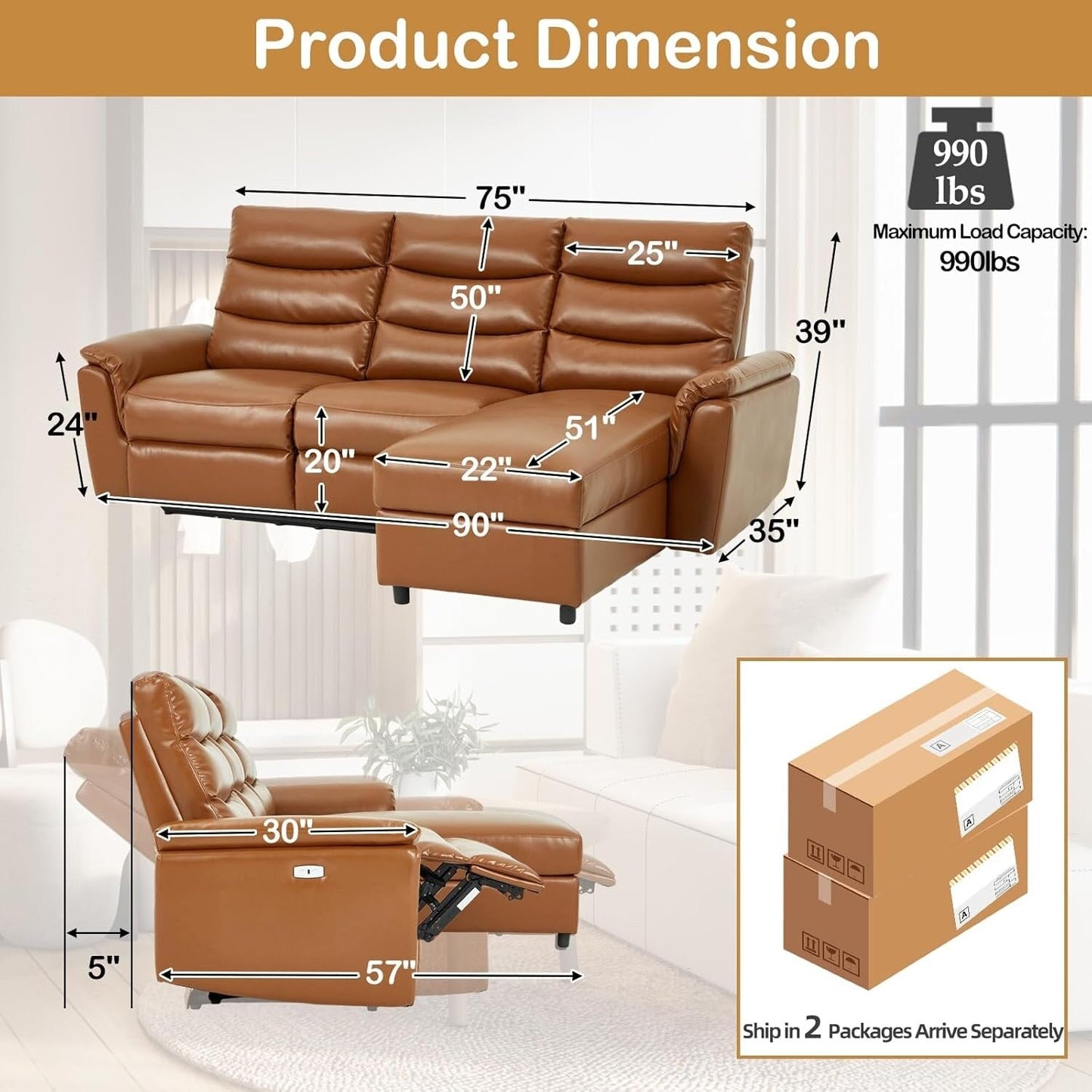 Canapé sectionnel inclinable électrique AECOJOY, canapé-lit en cuir PU avec méridienne de rangement, dossier et repose-pieds réglables