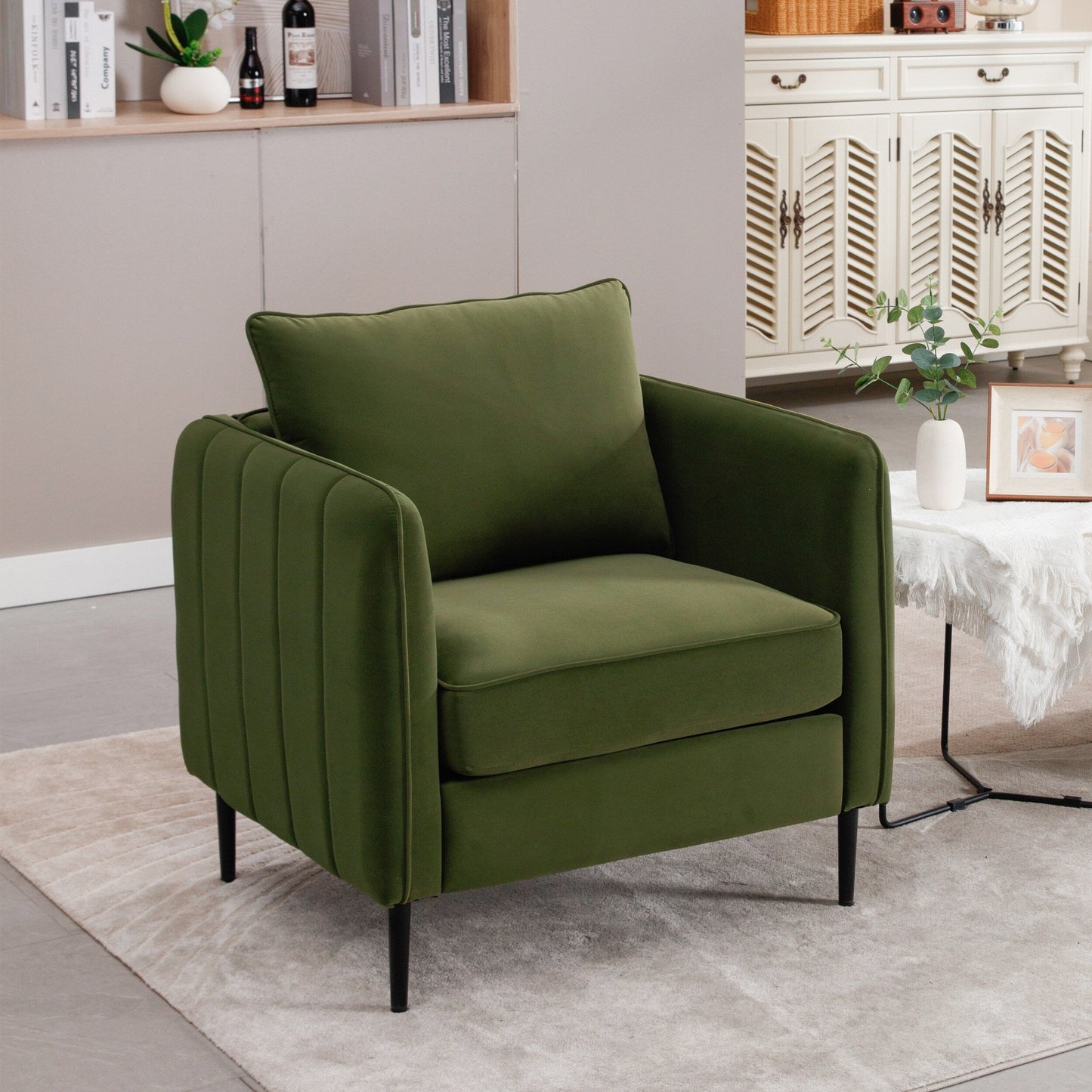 Fauteuil d'appoint pour salon, canapé simple confortable en velours, fauteuil moderne du milieu du siècle avec 1 coussin et pieds en métal
