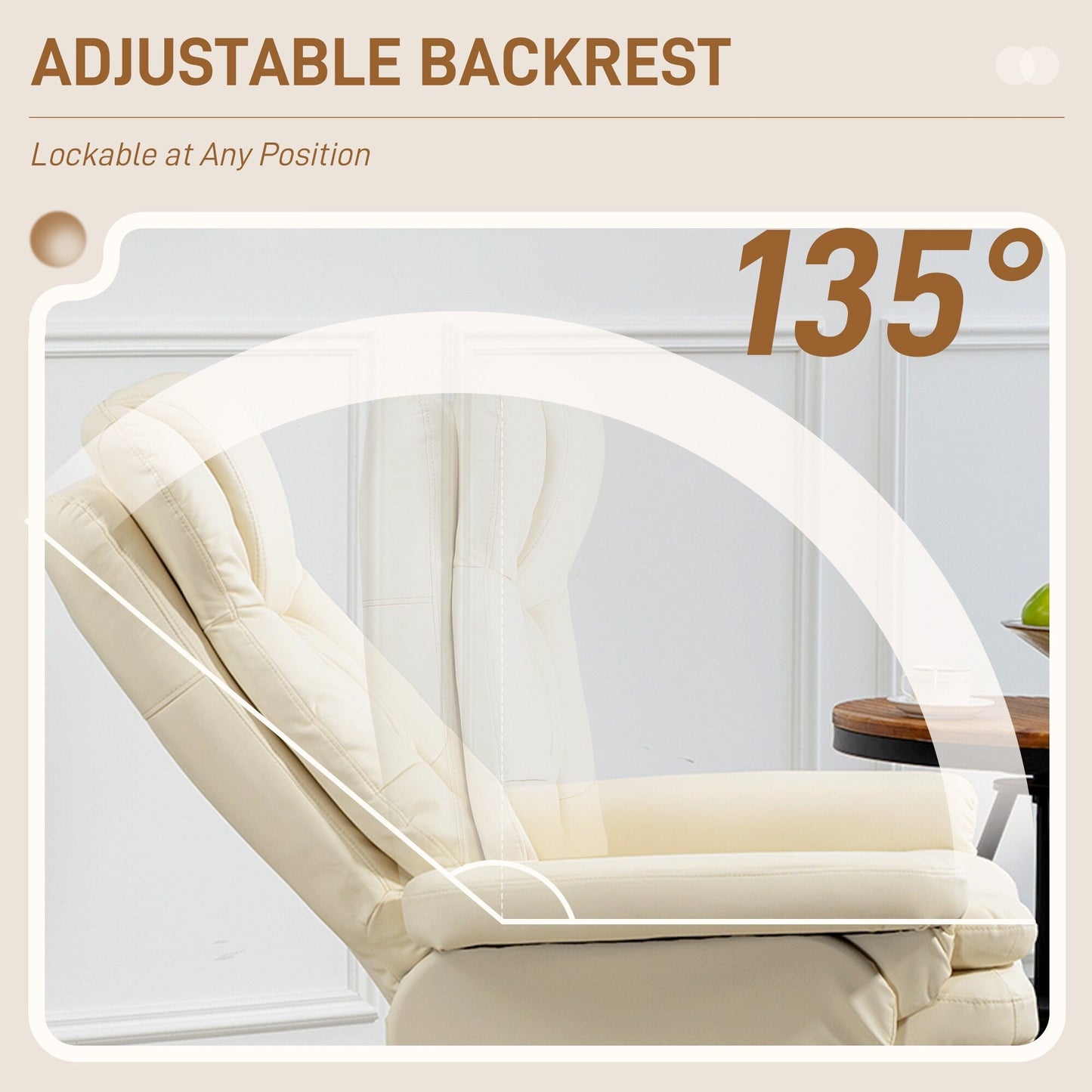 Fauteuil inclinable pivotant réglable en similicuir, fauteuil à dossier haut rembourré avec pouf et base en bois