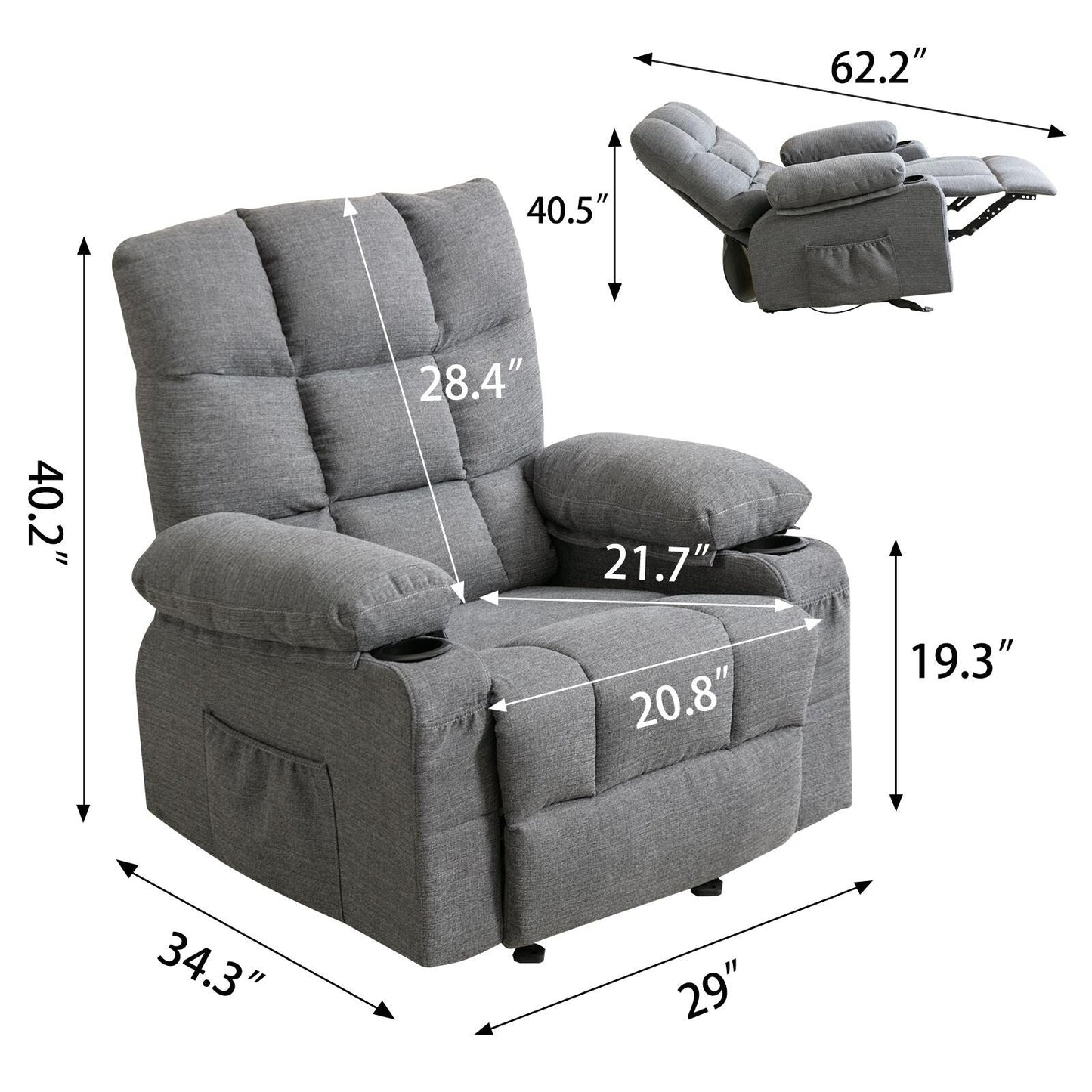 Fauteuil inclinable réglable avec massage, chauffage, port USB, poches latérales et deux porte-gobelets pour plus de commodité