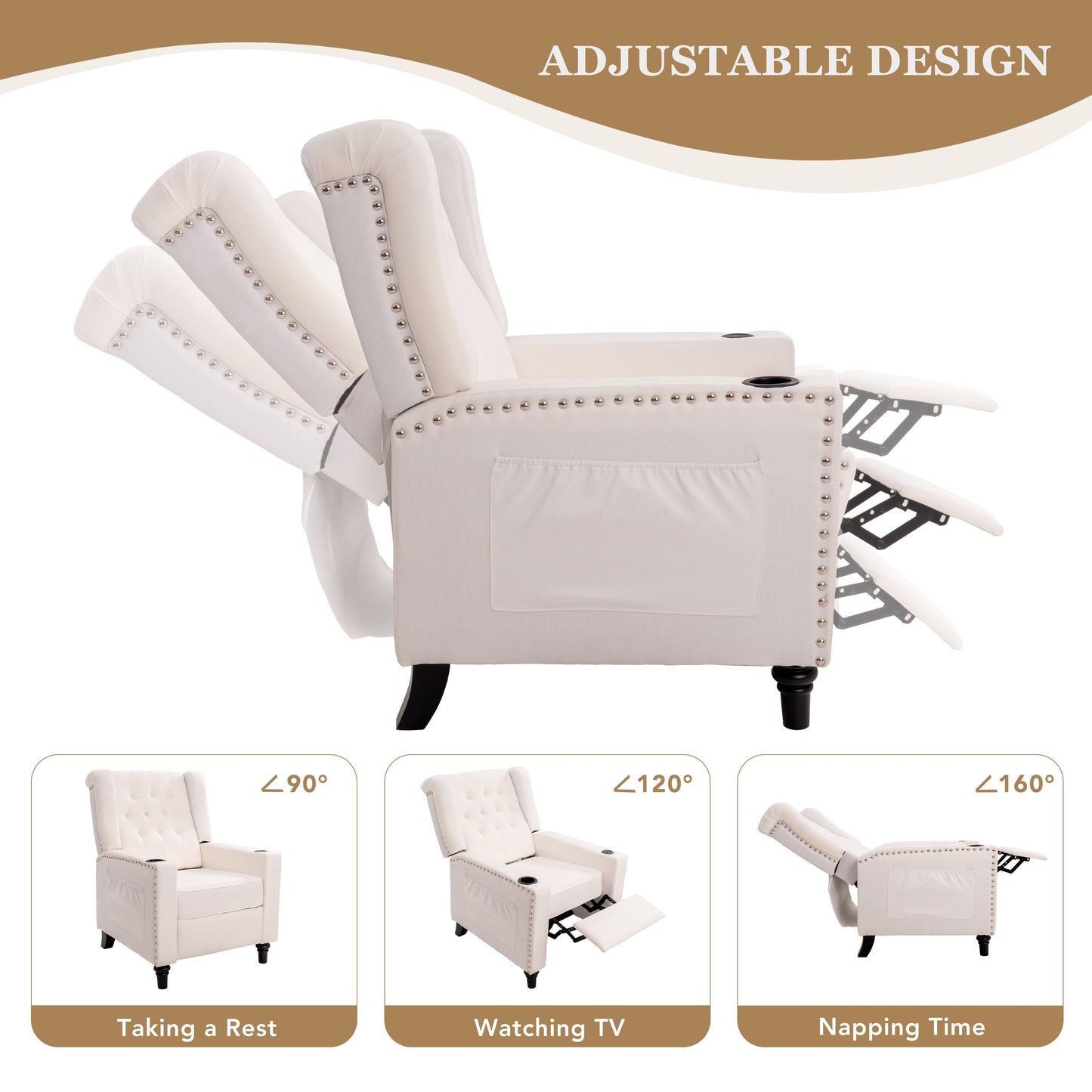 Fauteuil inclinable à dossier réglable, fauteuil clouté, grand canapé rembourré