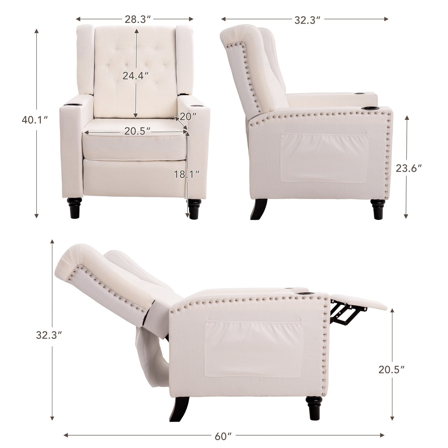 Fauteuil inclinable à dossier réglable, fauteuil clouté, grand canapé rembourré