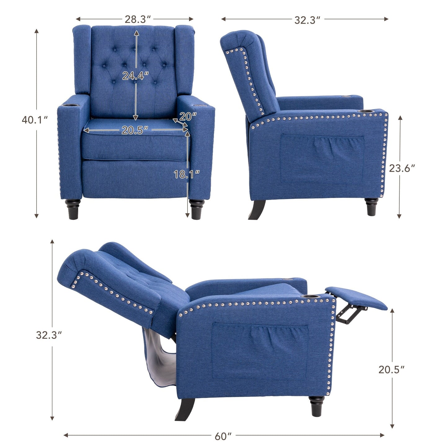 Fauteuil inclinable à dossier réglable, fauteuil clouté, grand canapé rembourré