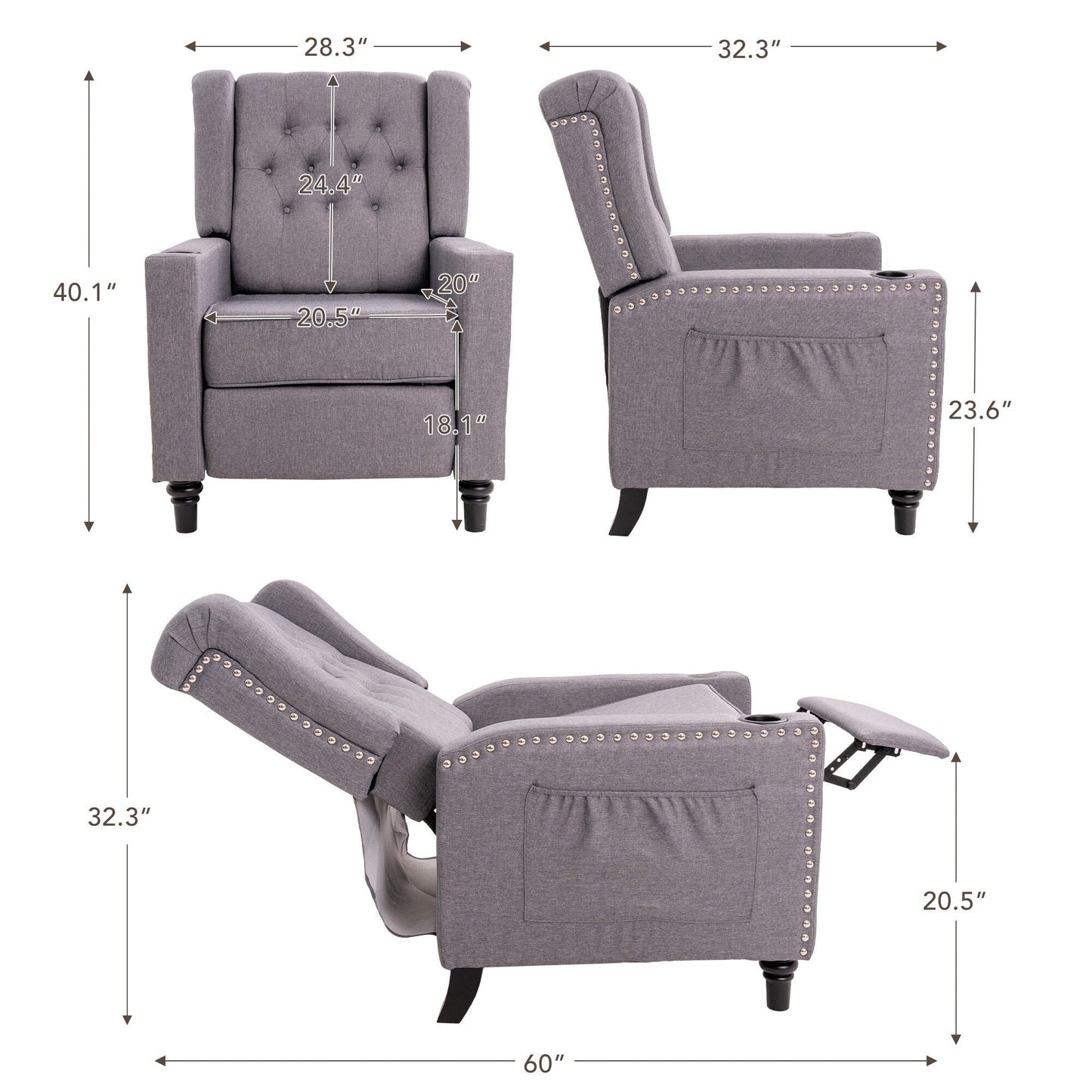 Fauteuil inclinable à dossier réglable, fauteuil clouté, grand canapé rembourré