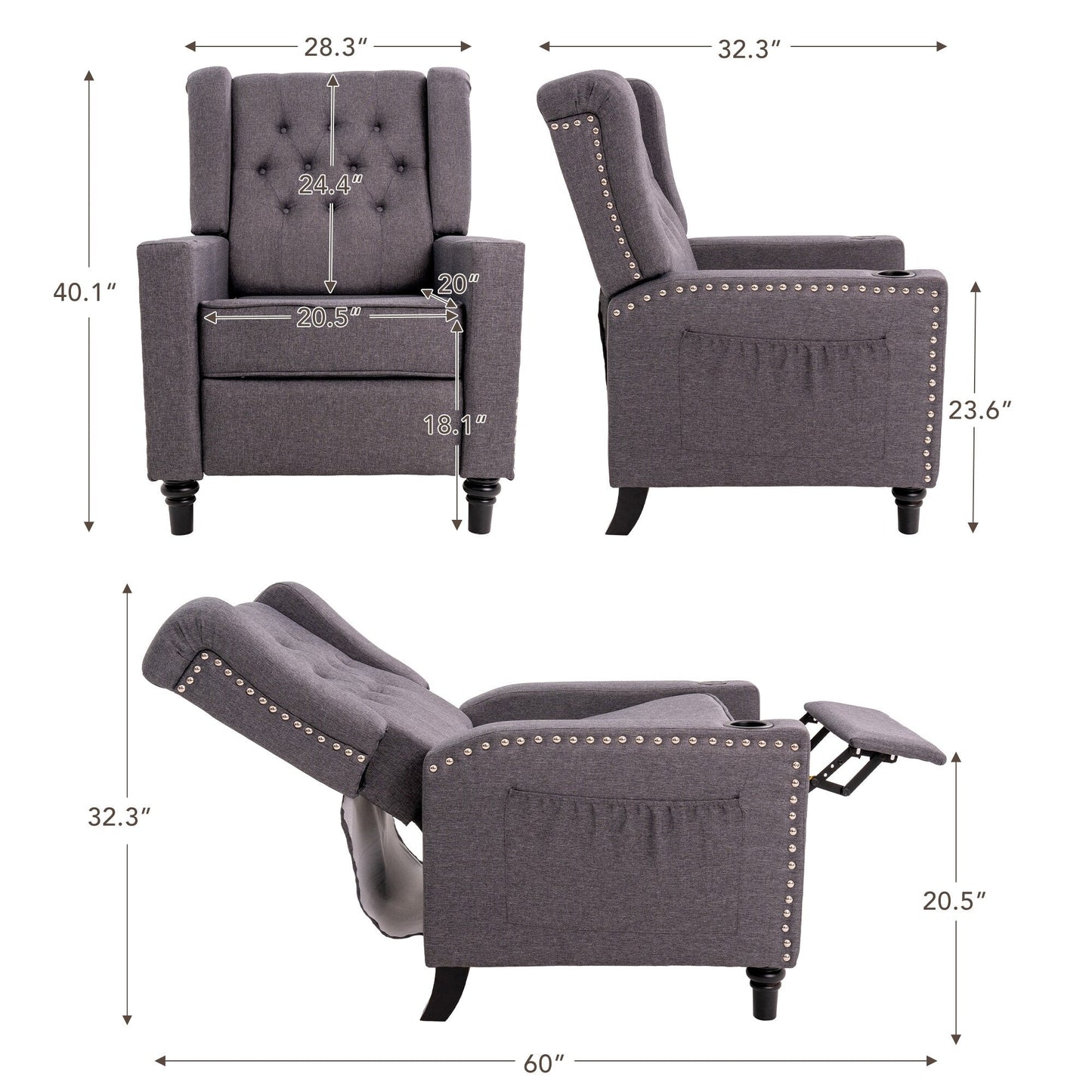 Fauteuil inclinable à dossier réglable, fauteuil clouté, grand canapé rembourré