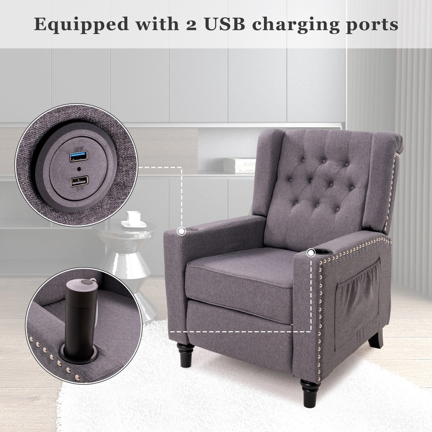 Fauteuil inclinable à dossier réglable, fauteuil clouté, grand canapé rembourré