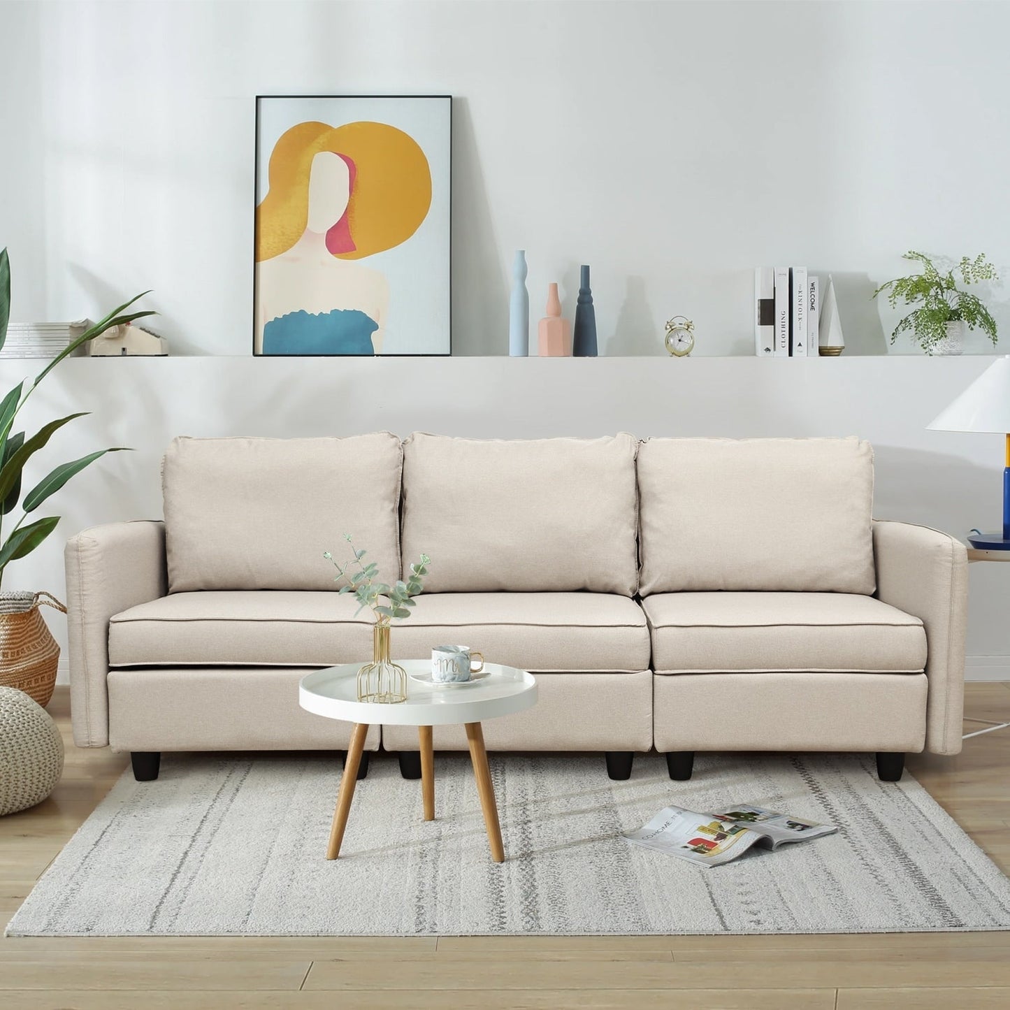 Canapé avec rangement, canapé rembourré avec tissu en lin moderne