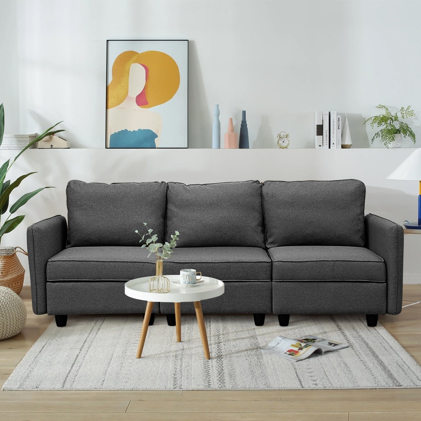 Canapé avec rangement, canapé rembourré avec tissu en lin moderne