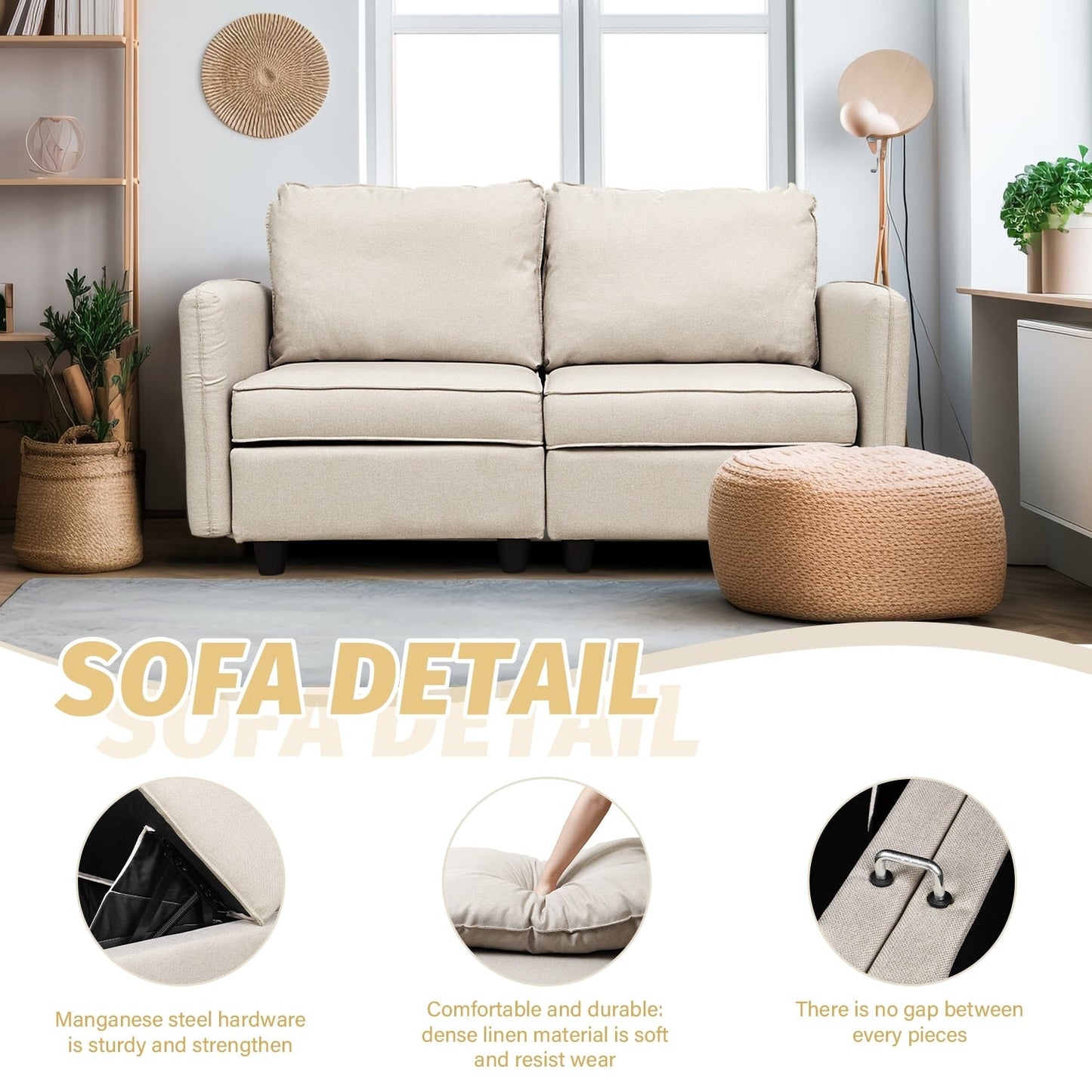 Canapé avec rangement, canapé rembourré avec tissu en lin moderne