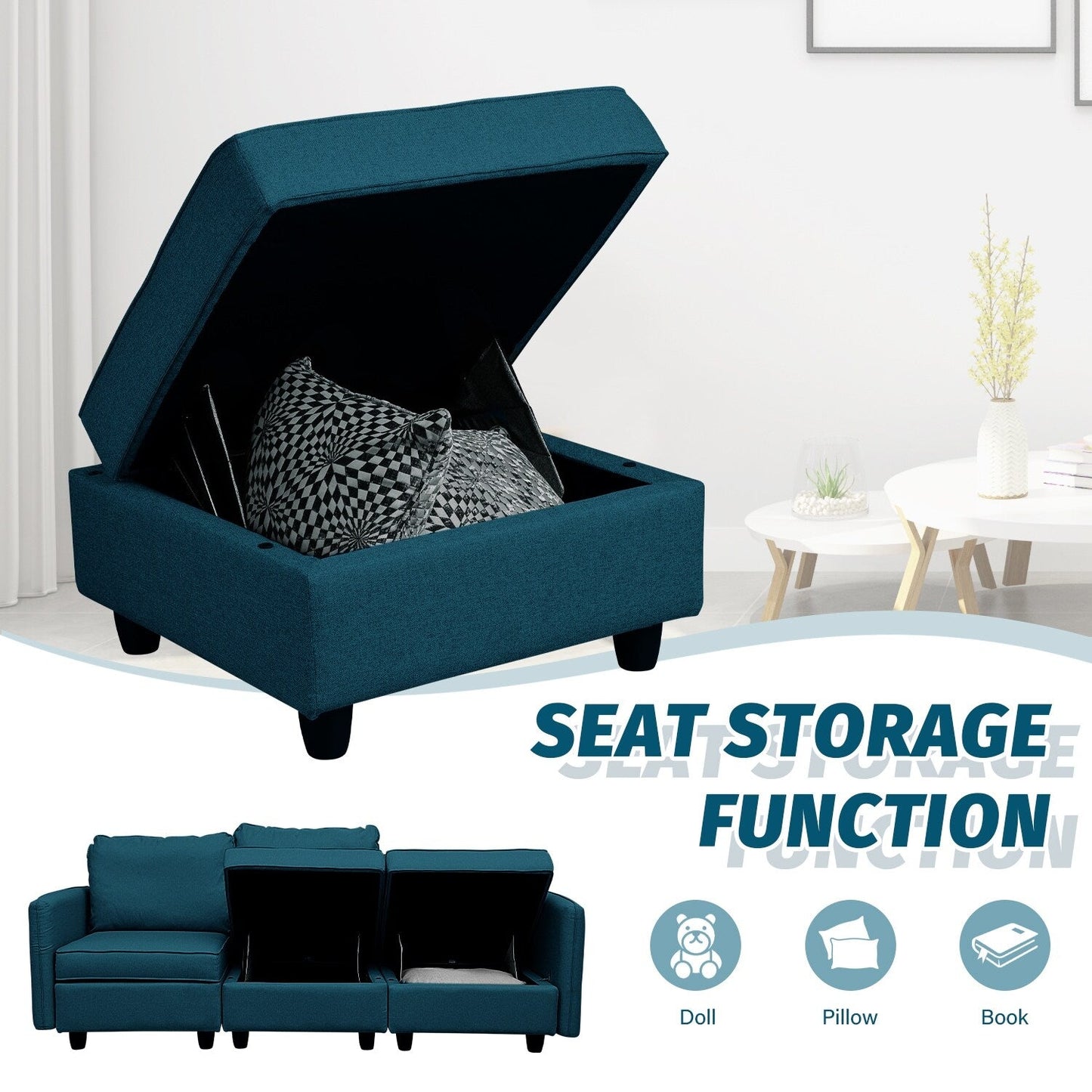 Canapé avec rangement, canapé rembourré avec tissu en lin moderne