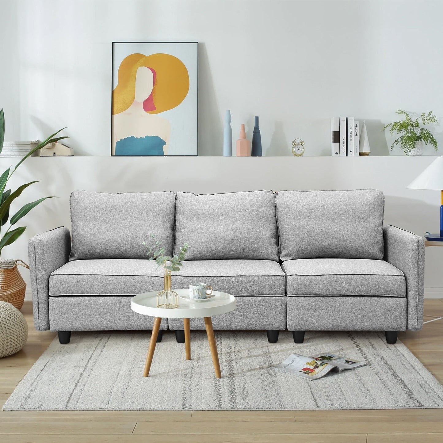 Canapé avec rangement, canapé rembourré avec tissu en lin moderne