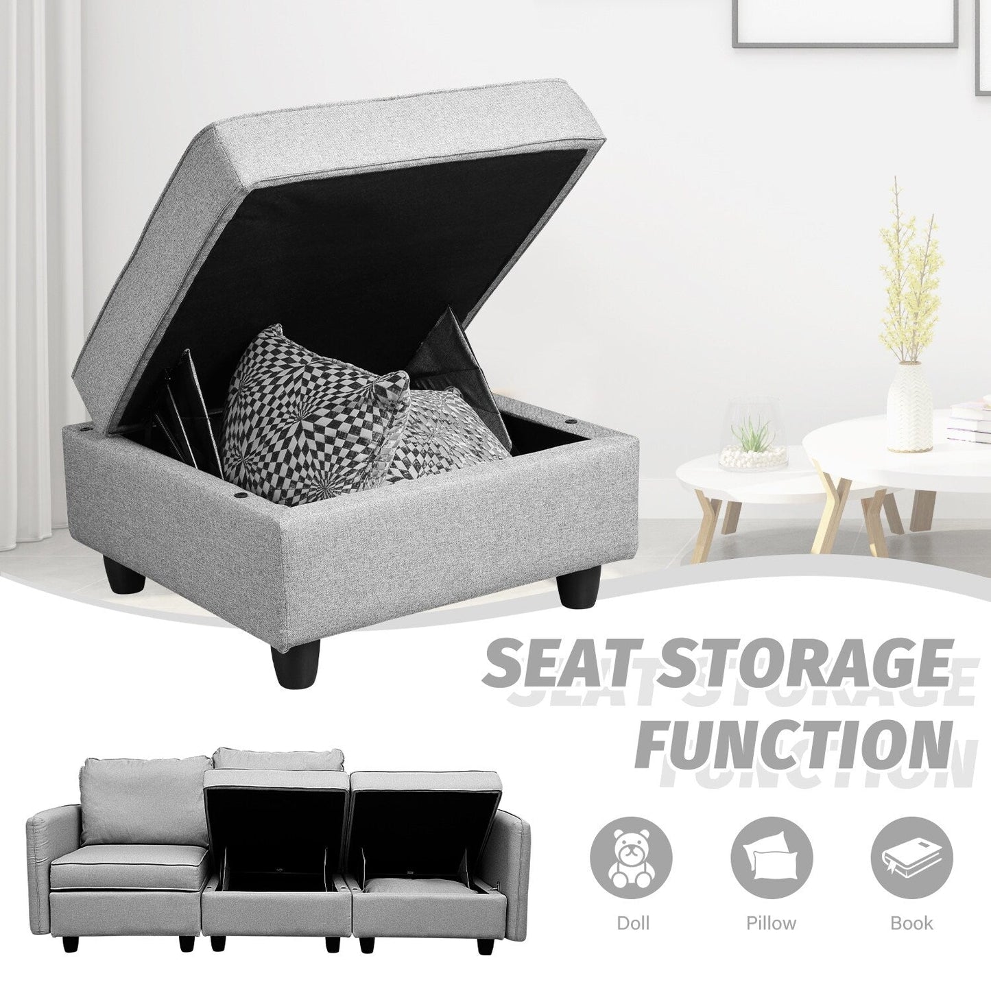 Canapé avec rangement, canapé rembourré avec tissu en lin moderne