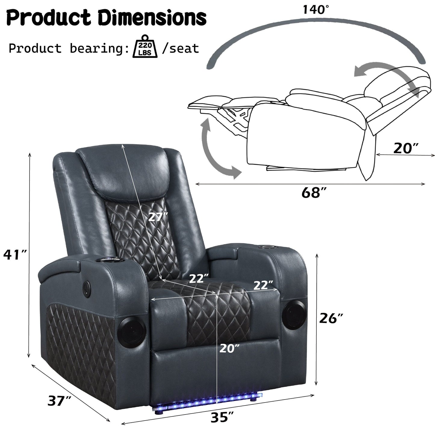 Fauteuil inclinable électrique Alair en cuir bleu et noir avec Bluetooth, chargeur sans fil et porte-gobelet