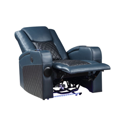 Fauteuil inclinable électrique Alair en cuir bleu et noir avec Bluetooth, chargeur sans fil et porte-gobelet