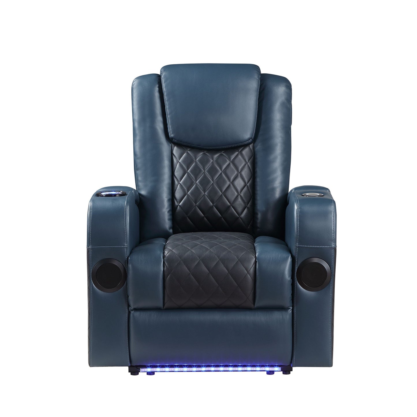 Fauteuil inclinable électrique Alair en cuir bleu et noir avec Bluetooth, chargeur sans fil et porte-gobelet