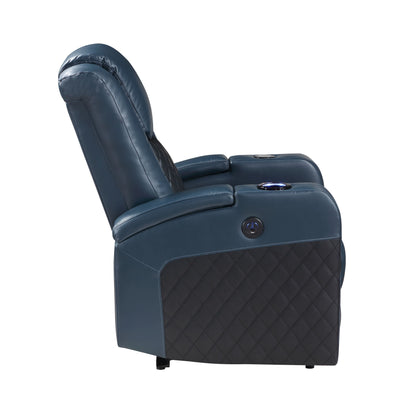 Fauteuil inclinable électrique Alair en cuir bleu et noir avec Bluetooth, chargeur sans fil et porte-gobelet
