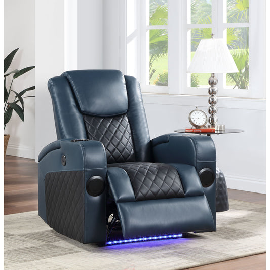 Fauteuil inclinable électrique Alair en cuir bleu et noir avec Bluetooth, chargeur sans fil et porte-gobelet