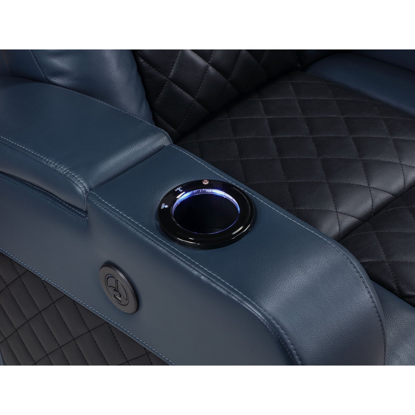 Fauteuil inclinable électrique Alair en cuir bleu et noir avec Bluetooth, chargeur sans fil et porte-gobelet