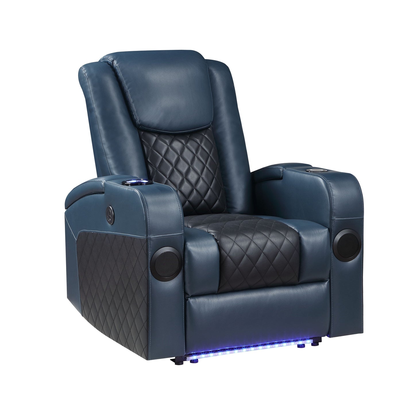 Fauteuil inclinable électrique Alair en cuir bleu et noir avec Bluetooth, chargeur sans fil et porte-gobelet