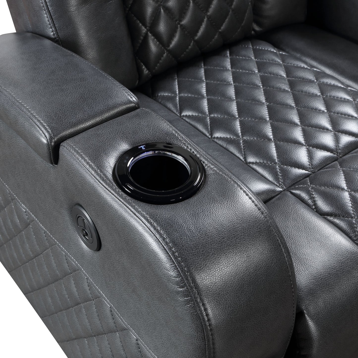 Fauteuil inclinable électrique Alair en cuir gris foncé avec Bluetooth, chargeur sans fil et porte-gobelet