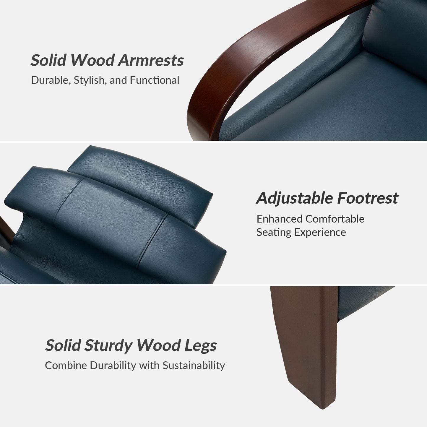 Fauteuil inclinable manuel Alex Mid-Century Modern en cuir véritable avec accoudoirs incurvés en bois, lot de 2