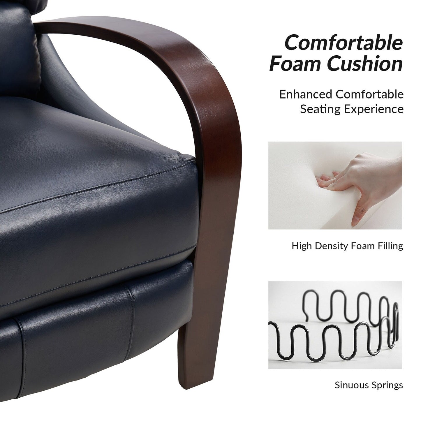 Fauteuil inclinable manuel Alex Mid-Century Modern en cuir véritable avec accoudoirs incurvés en bois, lot de 2