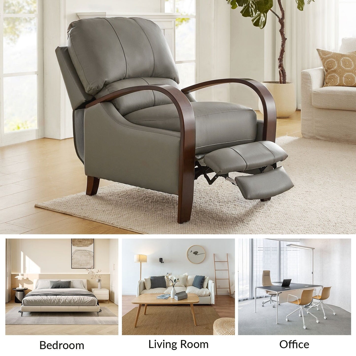 Fauteuil inclinable manuel Alex Mid-Century Modern en cuir véritable avec accoudoirs incurvés en bois, lot de 2