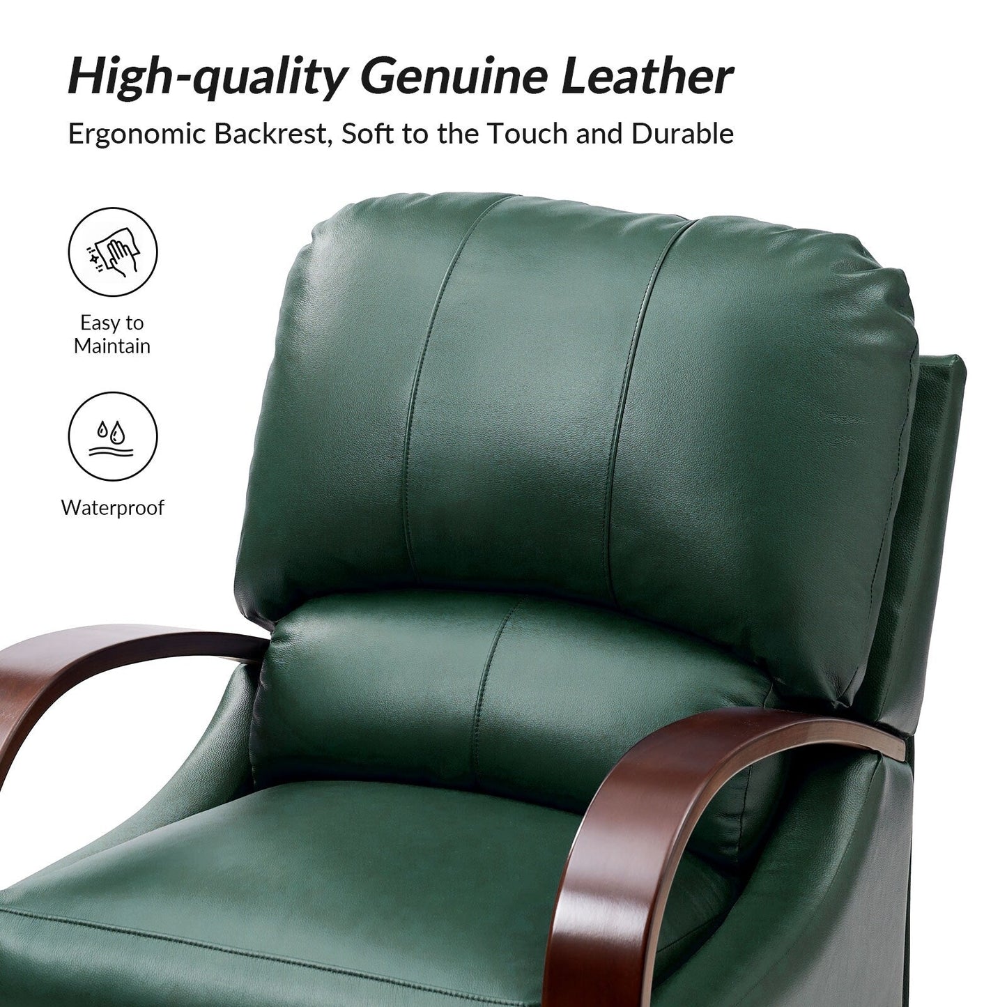 Fauteuil inclinable manuel Alex Mid-Century Modern en cuir véritable avec accoudoirs incurvés en bois, lot de 2