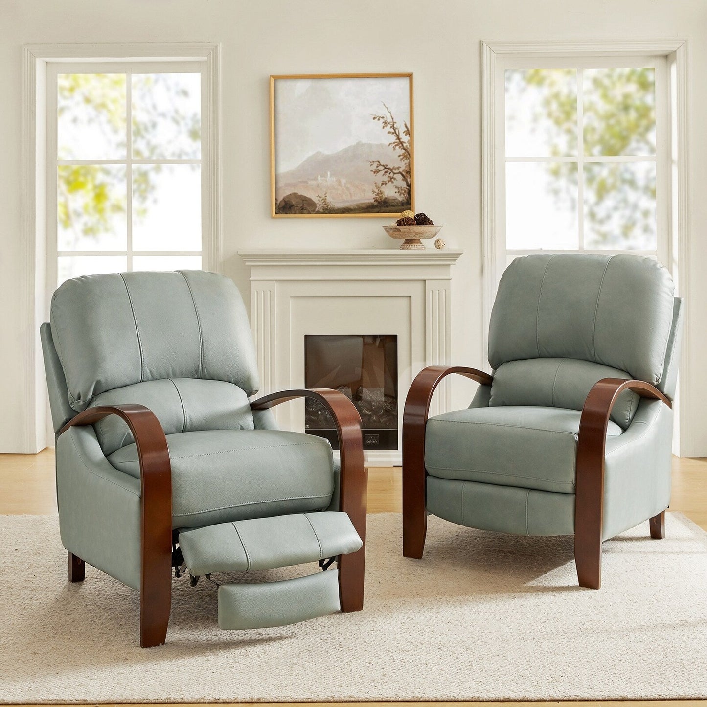 Fauteuil inclinable manuel Alex Mid-Century Modern en cuir véritable avec accoudoirs incurvés en bois, lot de 2