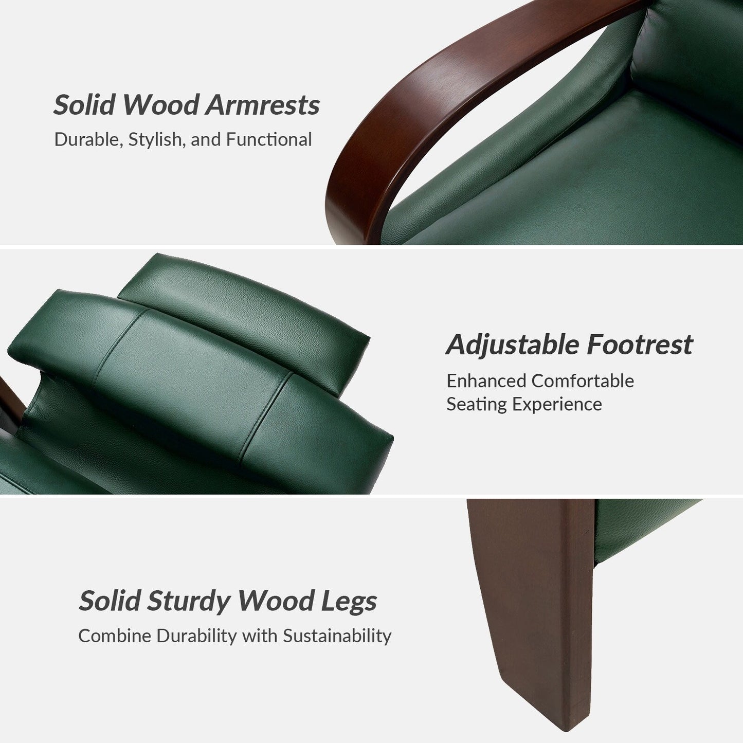 Fauteuil inclinable manuel Alex Mid-Century Modern en cuir véritable avec accoudoirs incurvés en bois, lot de 2