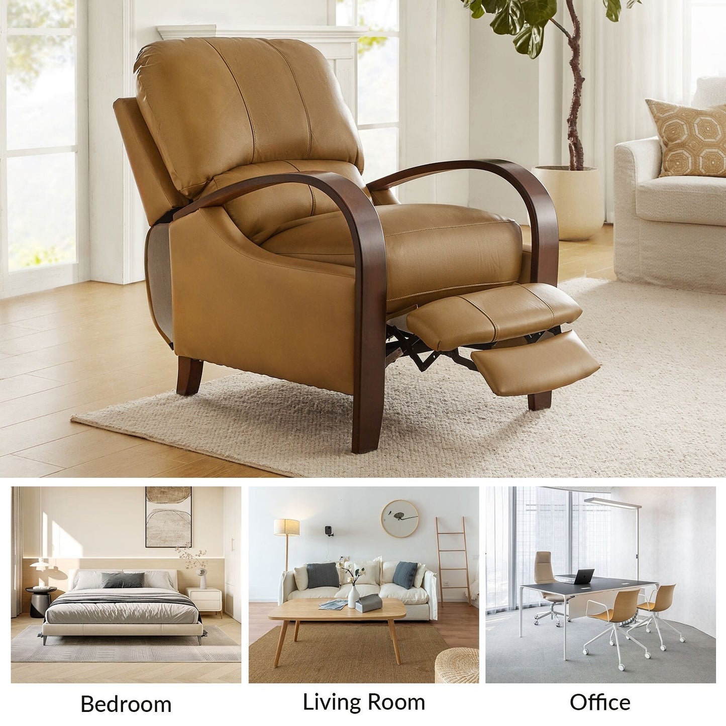 Fauteuil inclinable manuel Alex Mid-Century Modern en cuir véritable avec accoudoirs incurvés en bois, lot de 2