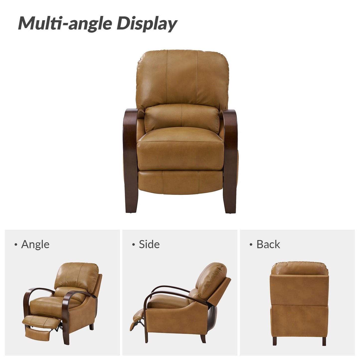 Fauteuil inclinable manuel Alex Mid-Century Modern en cuir véritable avec accoudoirs incurvés en bois, lot de 2