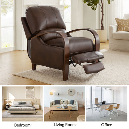 Fauteuil inclinable manuel Alex Mid-Century Modern en cuir véritable avec accoudoirs incurvés en bois, lot de 2