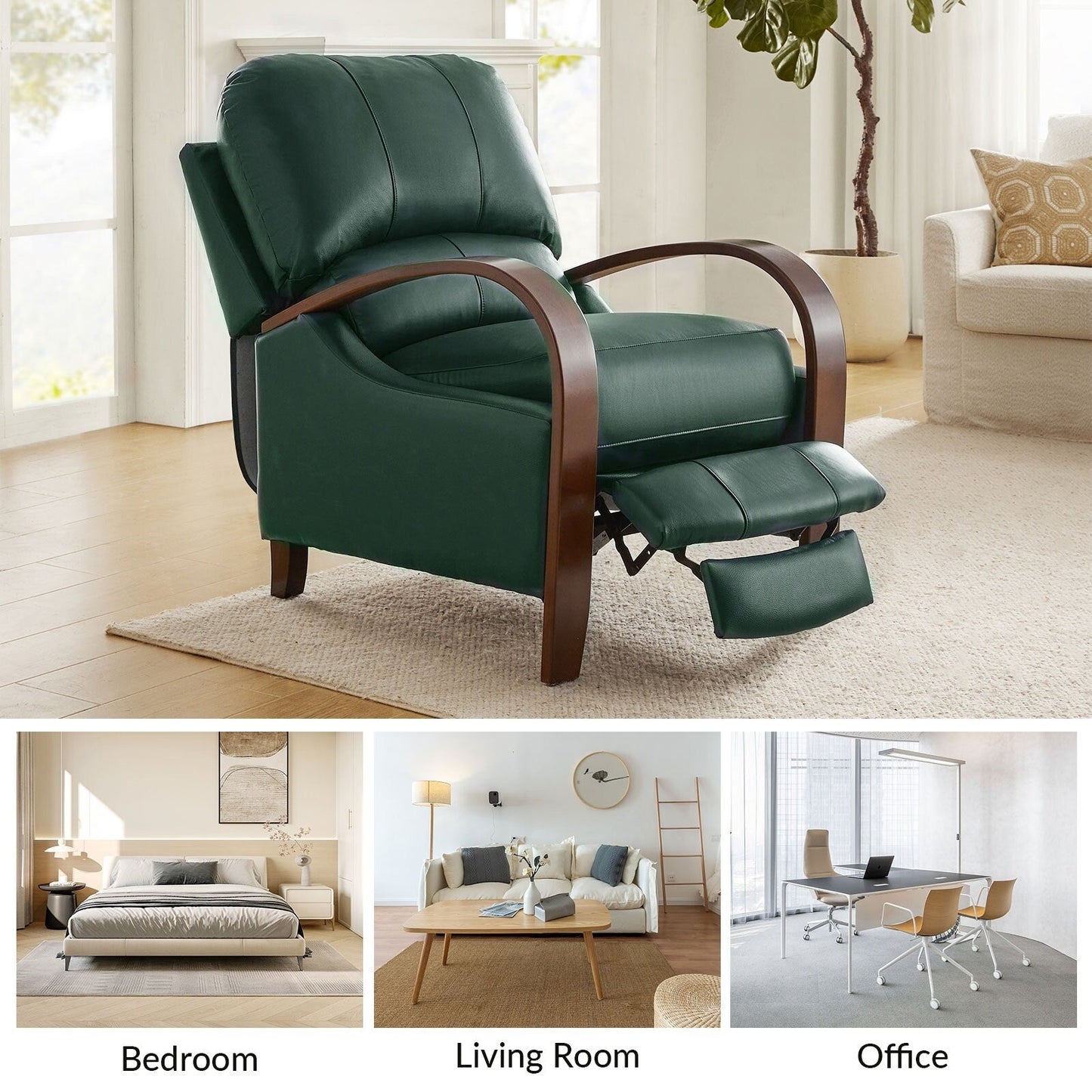 Fauteuil inclinable manuel Alex Mid-Century Modern en cuir véritable avec accoudoirs incurvés en bois, lot de 2