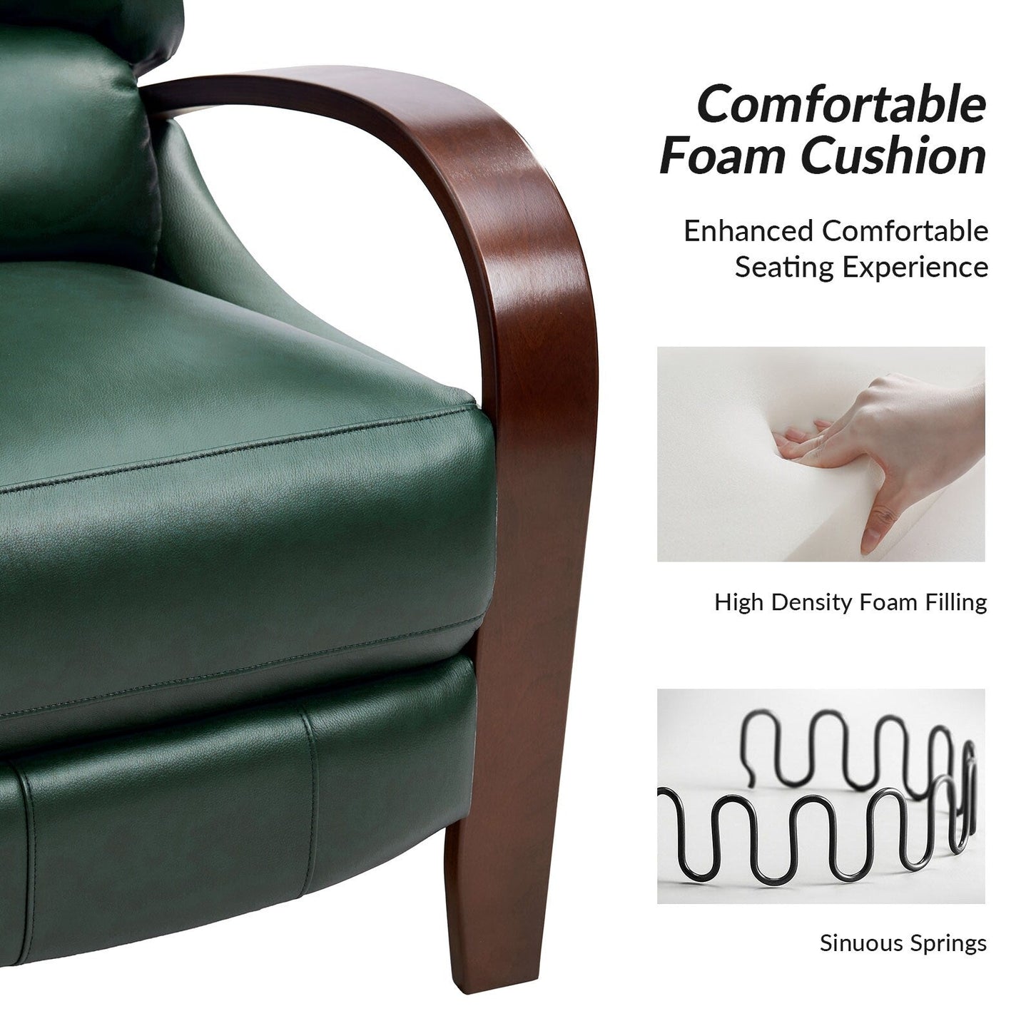 Fauteuil inclinable manuel Alex Mid-Century Modern en cuir véritable avec accoudoirs incurvés en bois, lot de 2