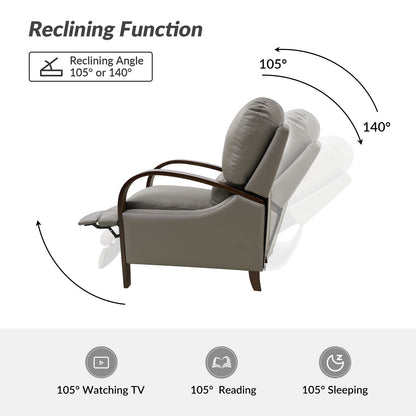 Fauteuil inclinable manuel Alex Mid-Century Modern en cuir véritable avec accoudoirs incurvés en bois, lot de 2