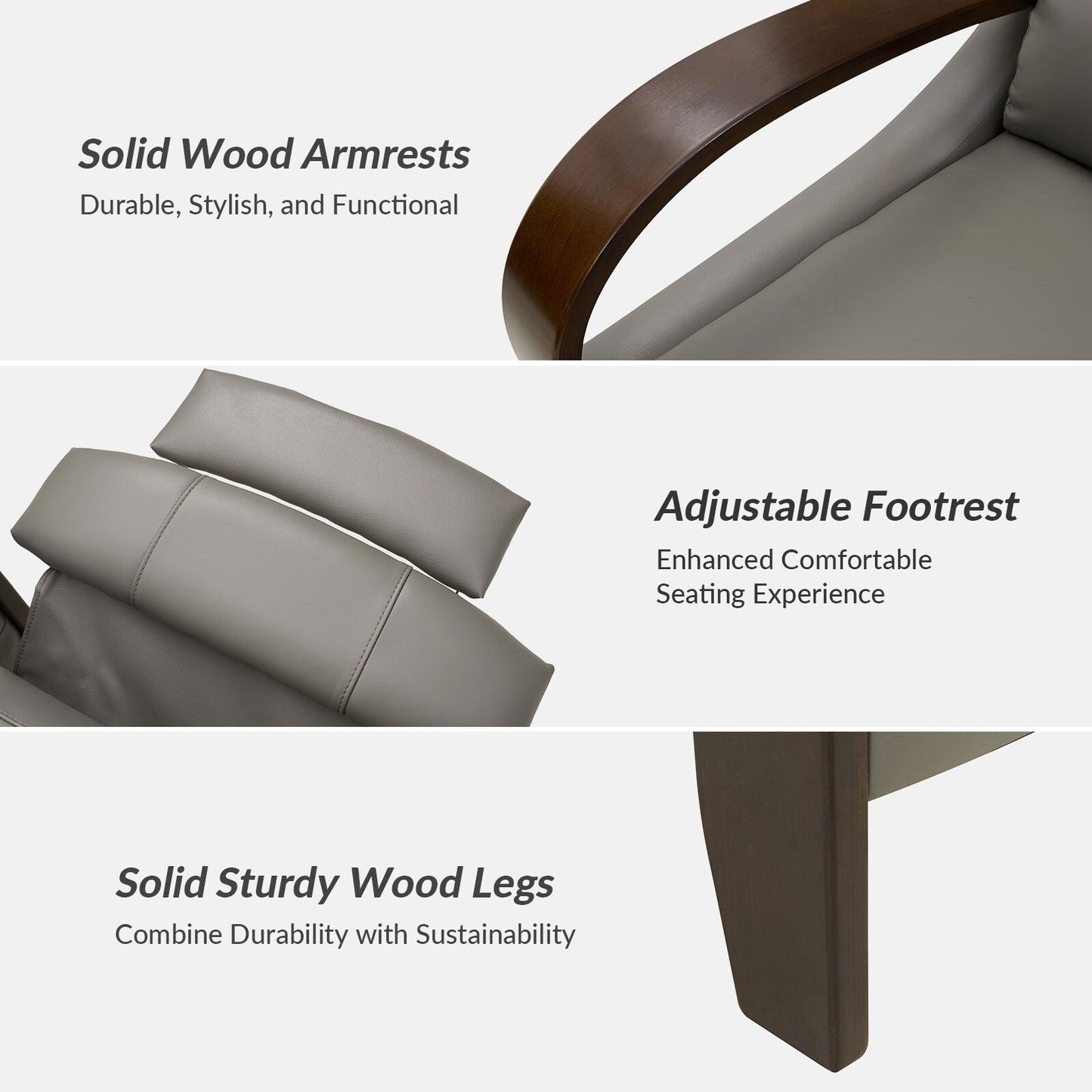 Fauteuil inclinable manuel Alex Mid-Century Modern en cuir véritable avec accoudoirs incurvés en bois, lot de 2