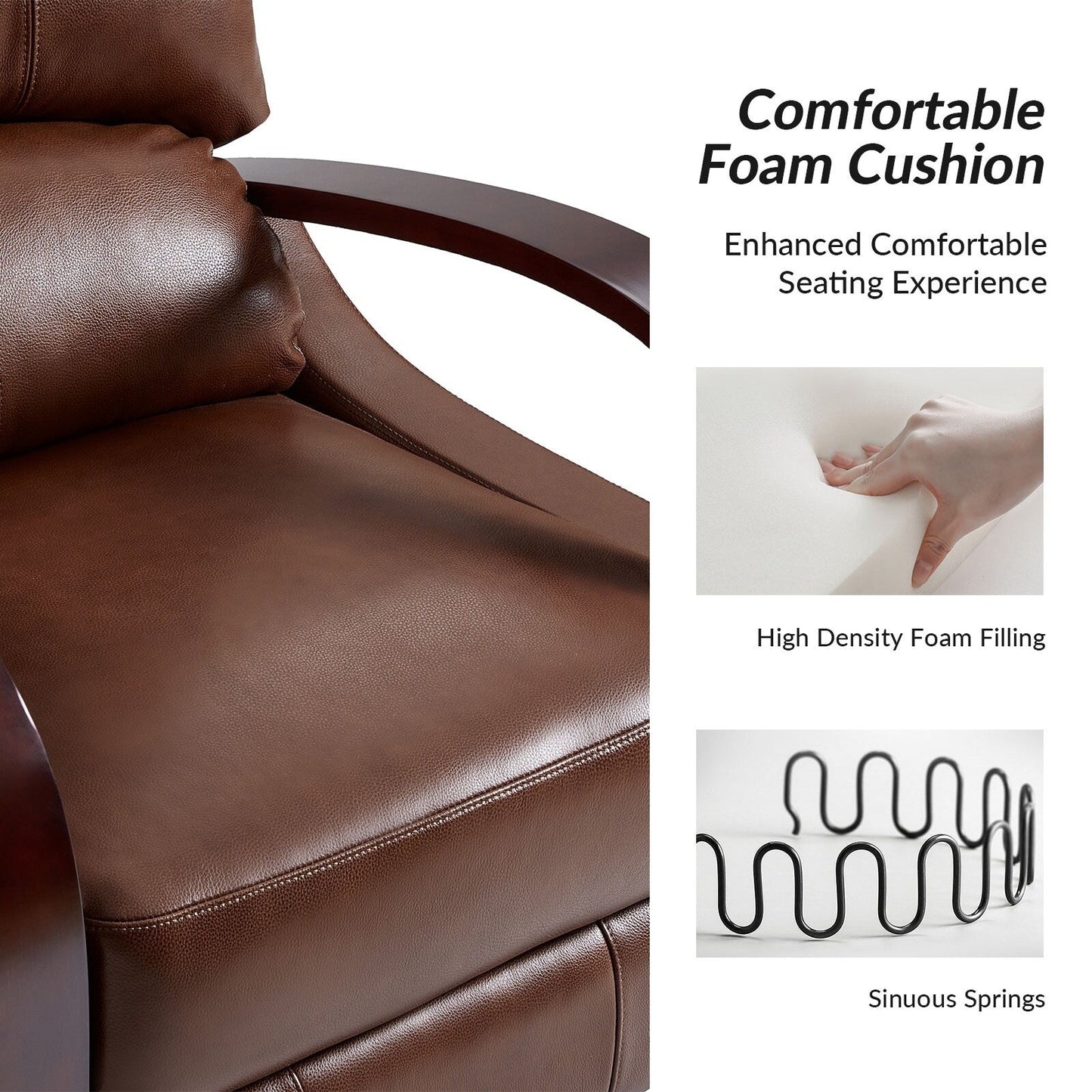 Fauteuil inclinable manuel Alex Mid-Century Modern en cuir véritable avec accoudoirs incurvés en bois, lot de 2