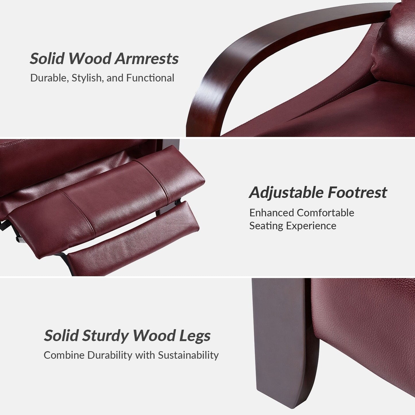 Fauteuil inclinable manuel Alex Mid-Century Modern en cuir véritable avec accoudoirs incurvés en bois, lot de 2