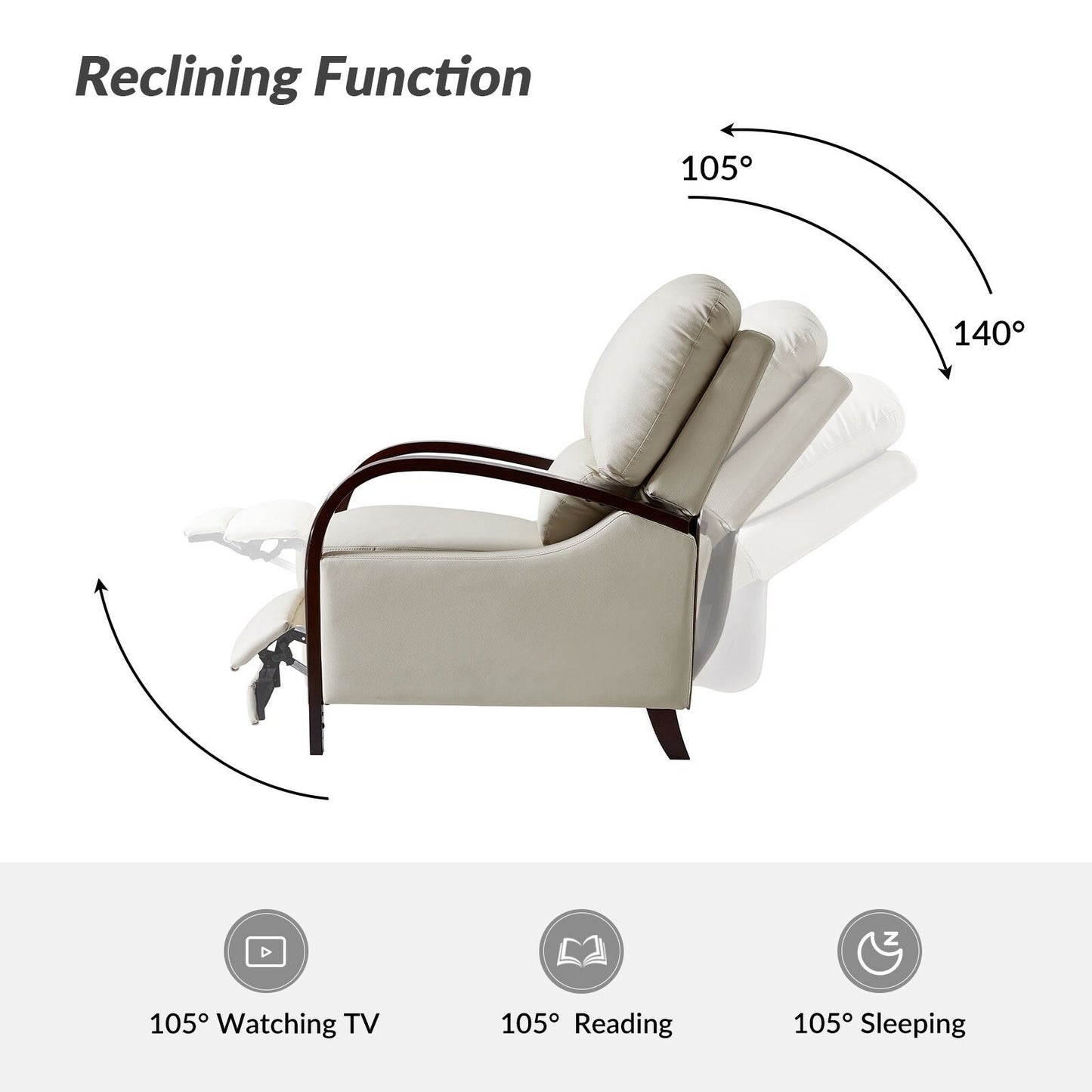 Fauteuil inclinable manuel Alex Mid-Century Modern en cuir véritable avec accoudoirs incurvés en bois, lot de 2