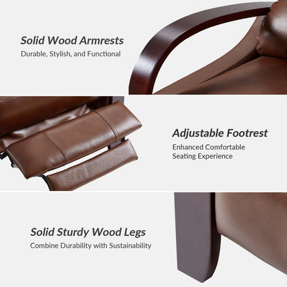 Fauteuil inclinable manuel Alex Mid-Century Modern en cuir véritable avec accoudoirs incurvés en bois, lot de 2