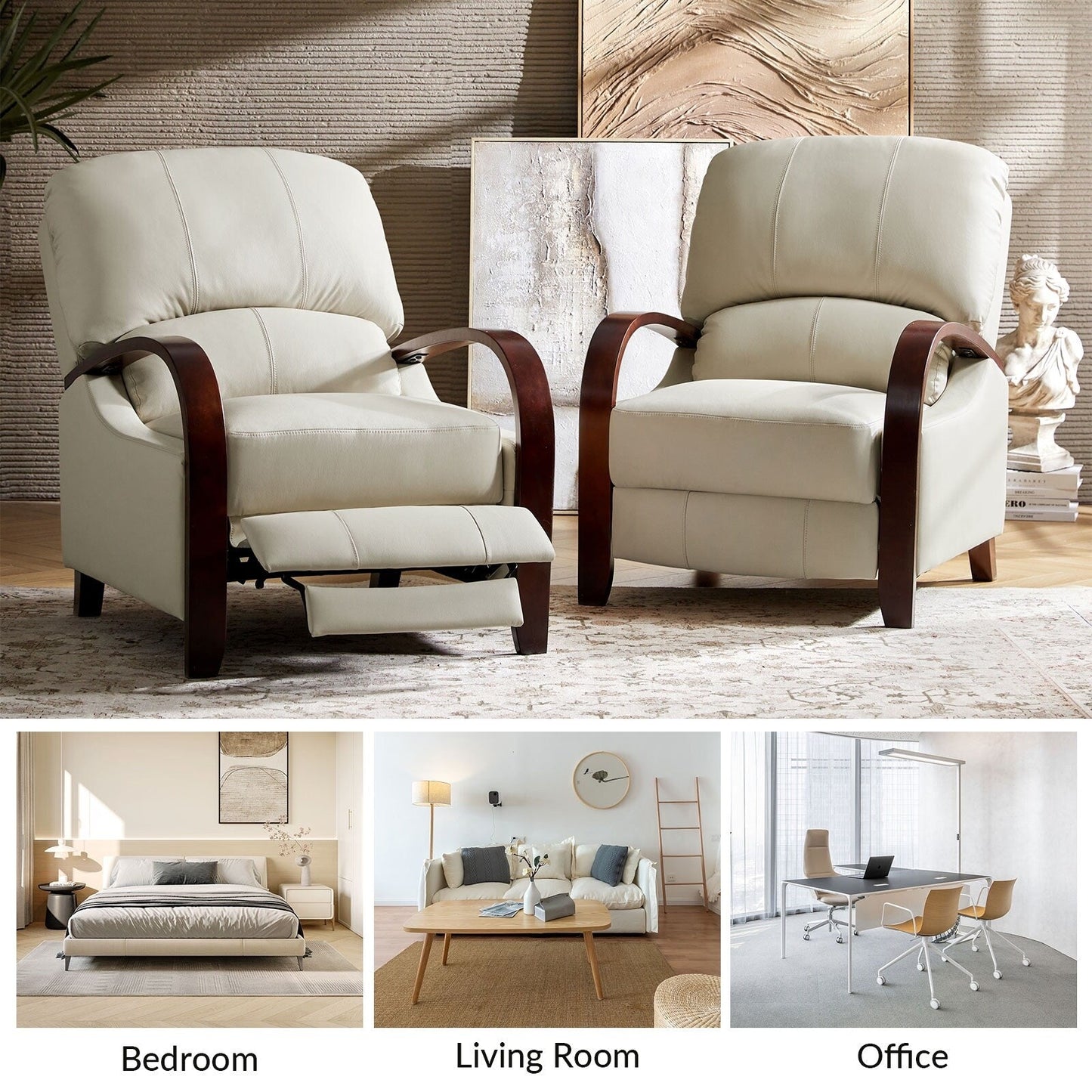 Fauteuil inclinable manuel Alex Mid-Century Modern en cuir véritable avec accoudoirs incurvés en bois, lot de 2