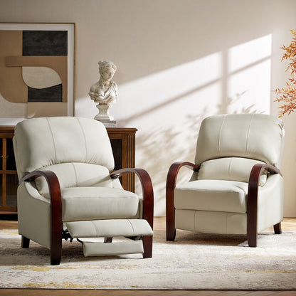 Fauteuil inclinable manuel Alex Mid-Century Modern en cuir véritable avec accoudoirs incurvés en bois, lot de 2