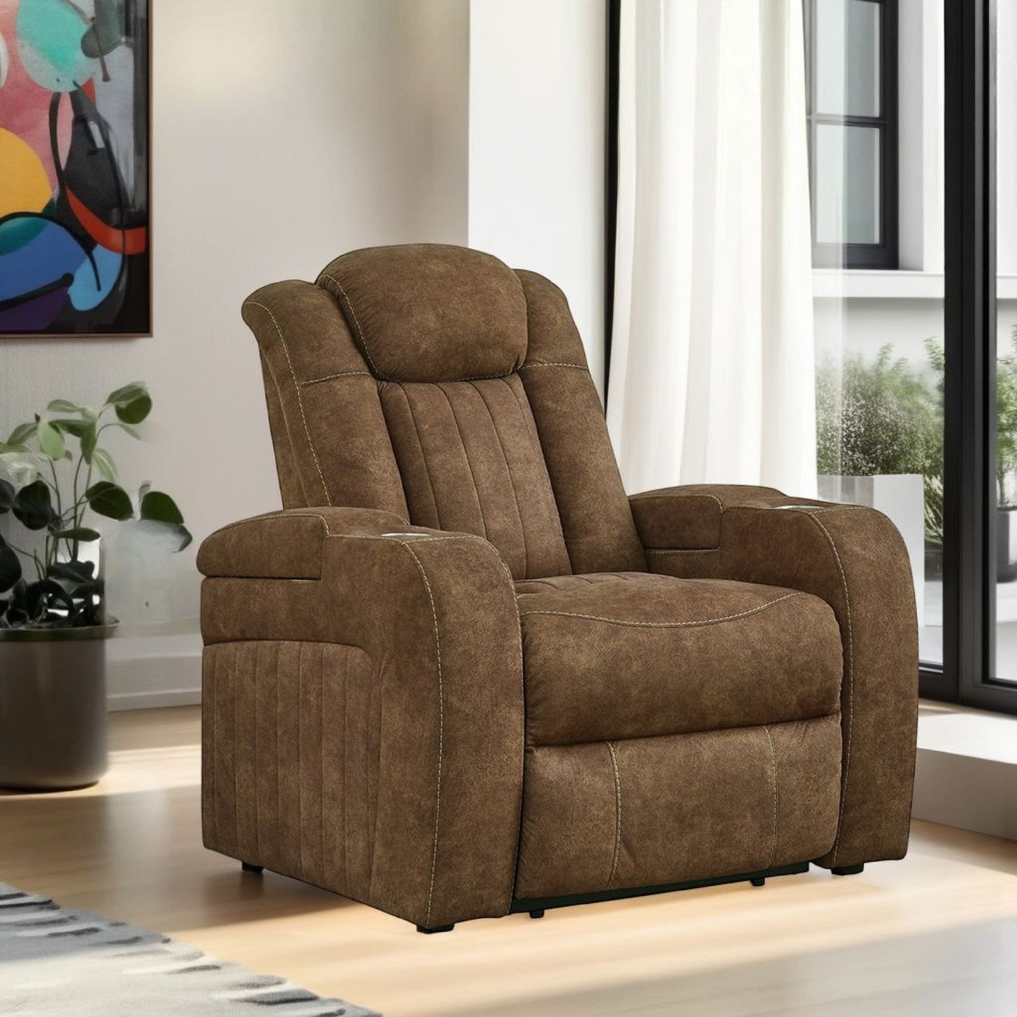 Fauteuil inclinable électrique Alexy, porte-gobelet, port USB, similicuir marron