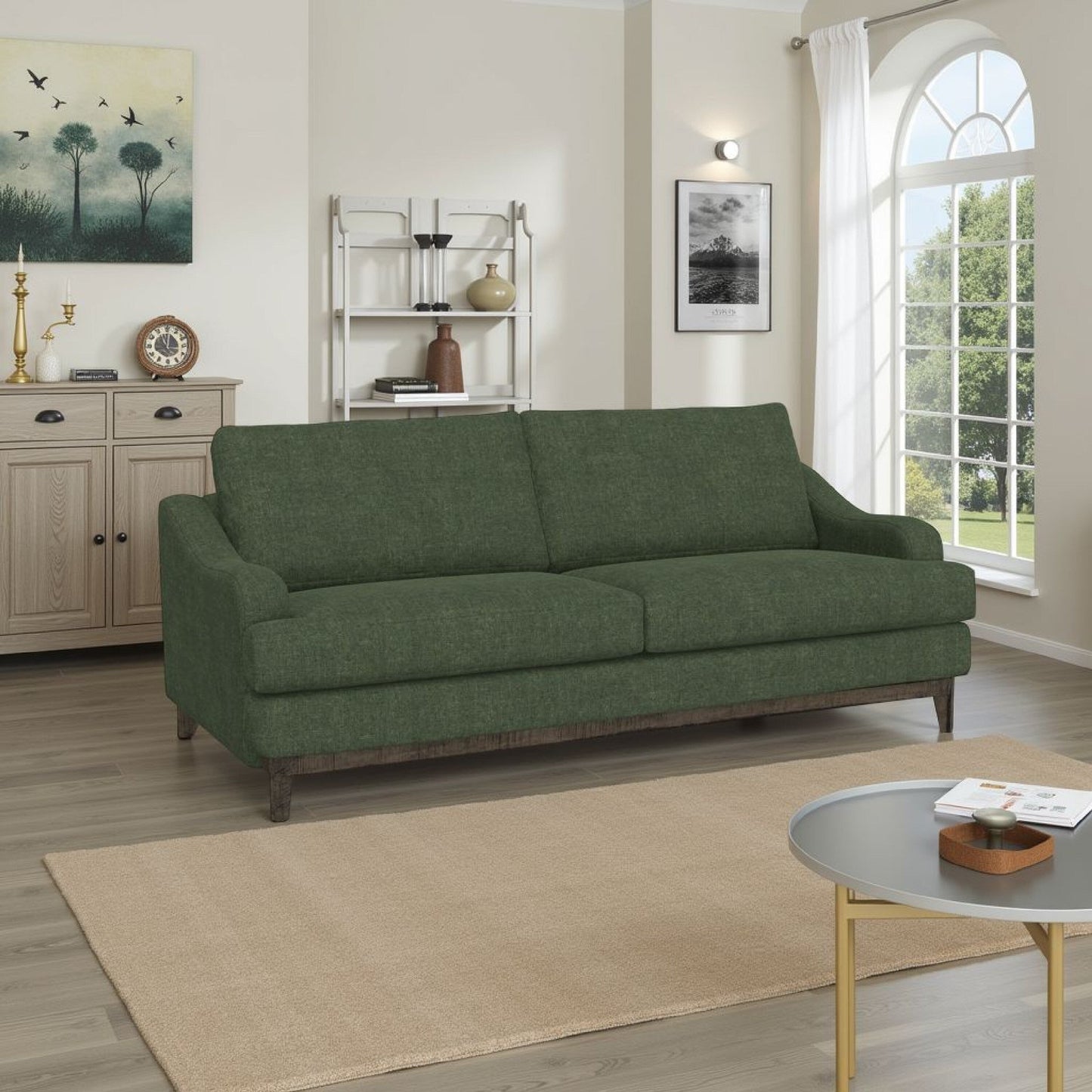 Canapé Alfi, 2 coussins, style classique, détails, 85 pouces, bois massif, vert olive