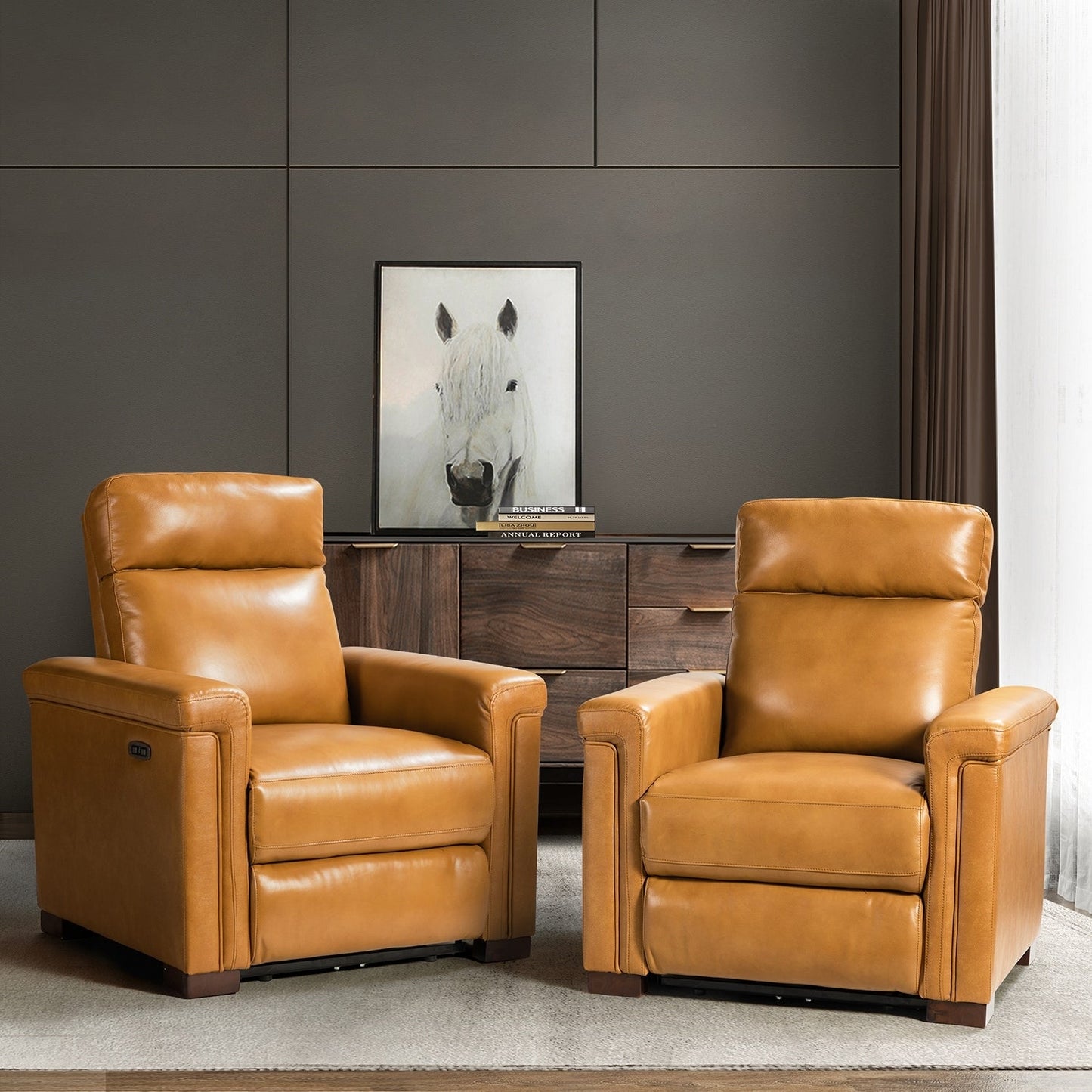 Fauteuil inclinable électrique classique contemporain Alicia 34,65 pouces en cuir véritable avec port USB (lot de 2)