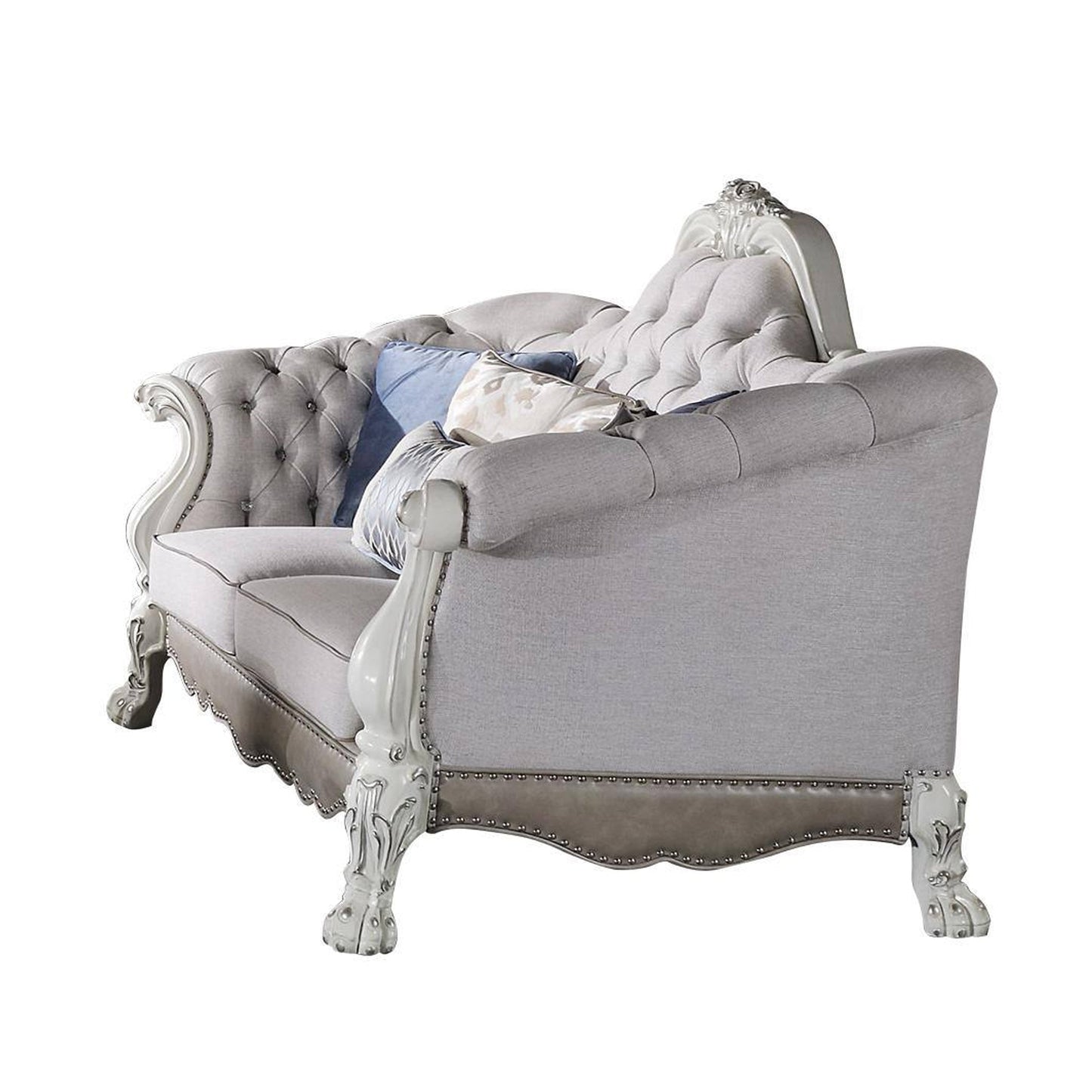 Canapé Ally, 7 coussins décoratifs, similicuir blanc os classique, 96 pouces