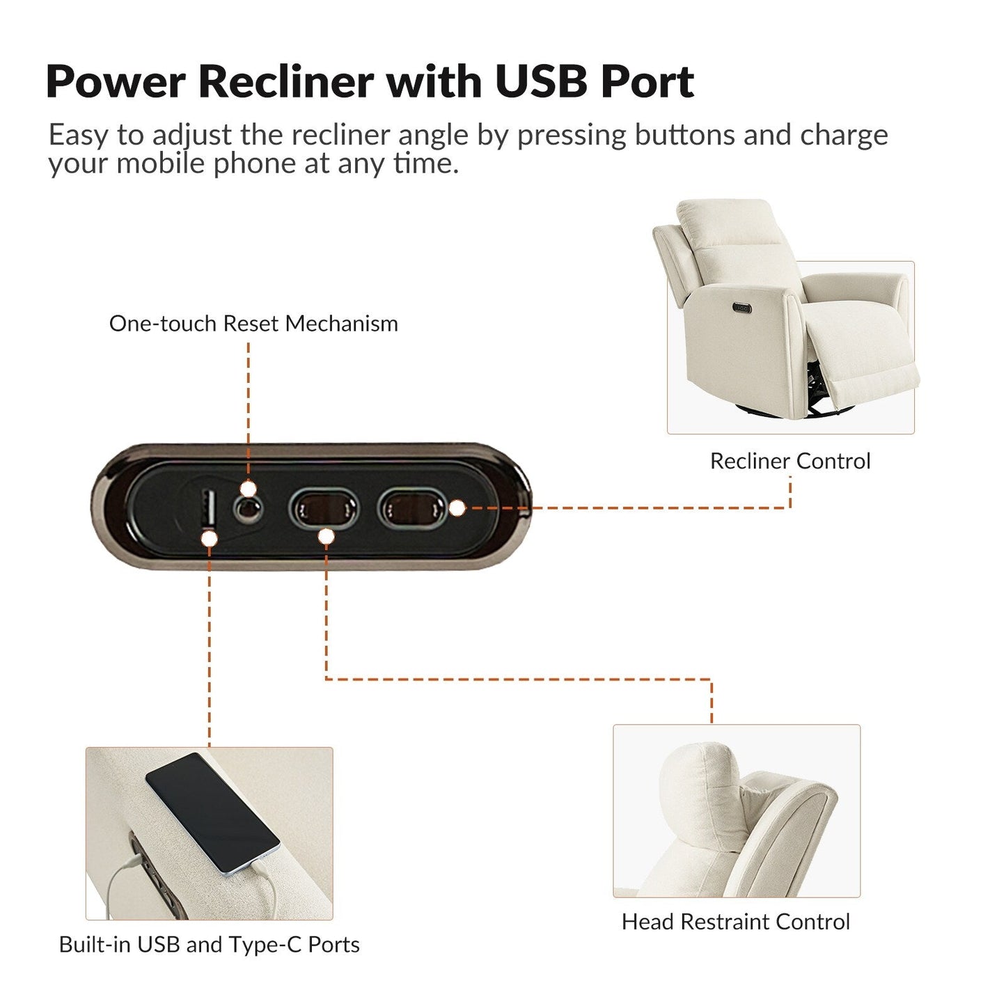 Fauteuil inclinable électrique pivotant et à bascule contemporain Amin avec appui-tête par HULALA HOME